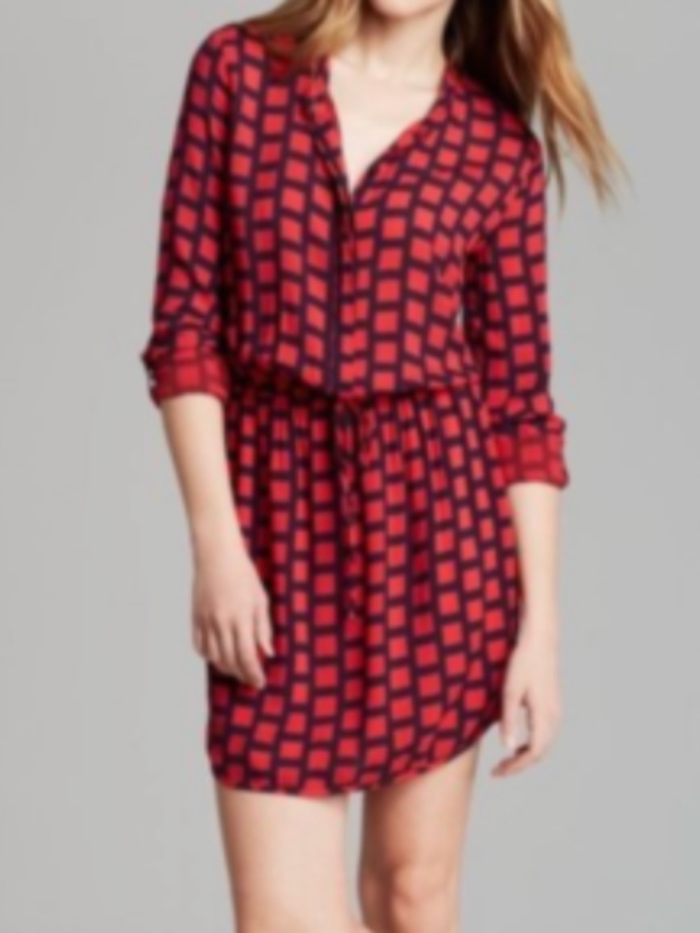 Splendid Red Geometric Print Windowpane Shirt Dress Size XS